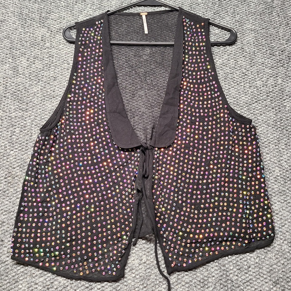 Free People Sheer Sequin Studded Vest Womens M Black Shawl Collar Lace Up